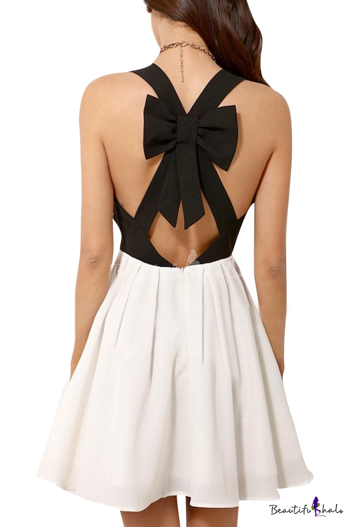 Color Block Cross Back Bow Embellished Mini Dress 9301