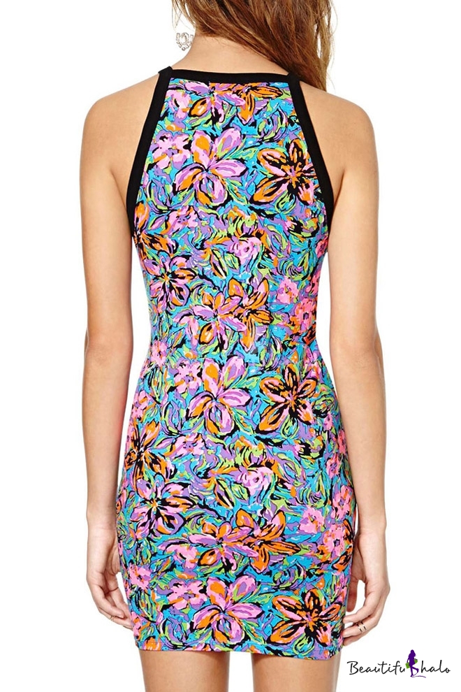 Floral Print Sleeveless Bodycon Dress In Mini Length 0313