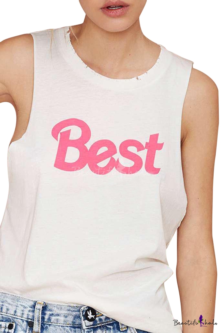 Fashionable Pink Letter Print Wihte Tanks - Beautifulhalo.com