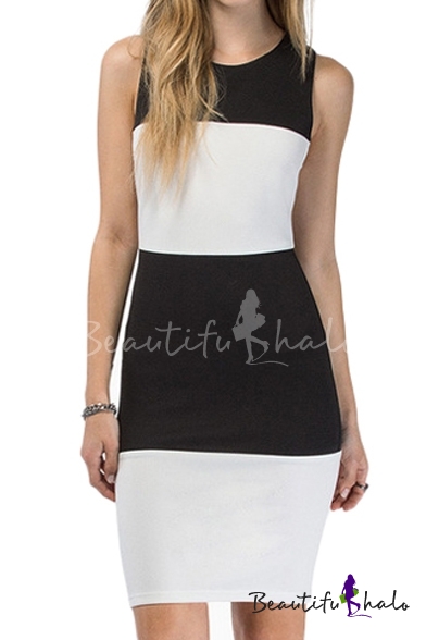 Color Block Sleeveless Bodycon Dress with Zip Back - Beautifulhalo.com