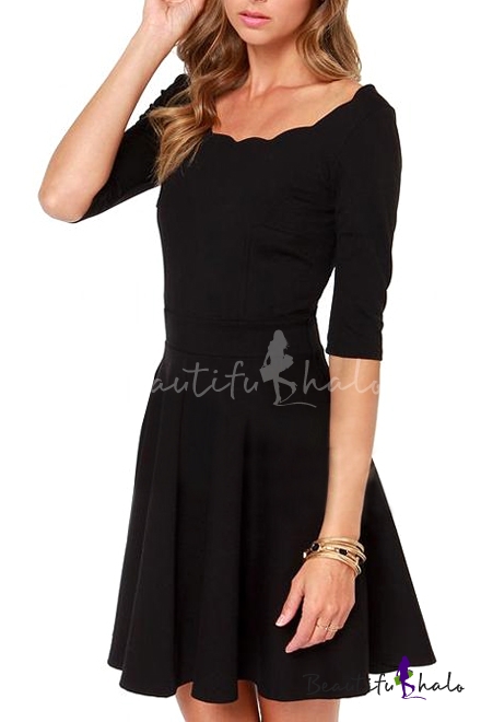 Lady Style Curve Scoop Neck Slim A-line Dress with 1/2 Sleeve ...