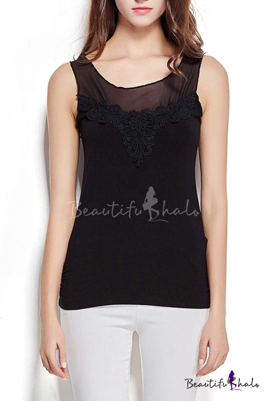 Black Mesh Panel Lace Crochet Slim Tanks