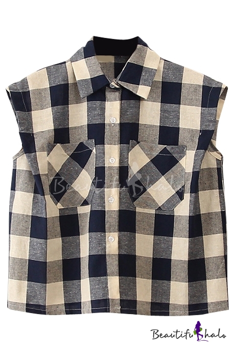Plaid Sleeveless Lapel Double Pocket Front Casual Shirt - Beautifulhalo.com