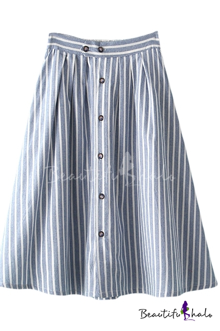 High Waist Stripe Buttoned A-line Midi Skirt - Beautifulhalo.com