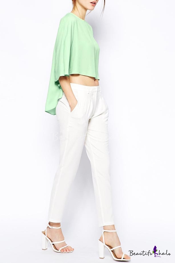 Green Round Neck Batwing Crop Asymmetrical Blouse - Beautifulhalo.com