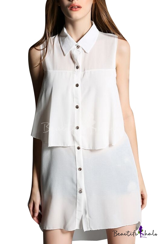 Plain Sleeveless Chiffon Shirt Mini Dress - Beautifulhalo.com