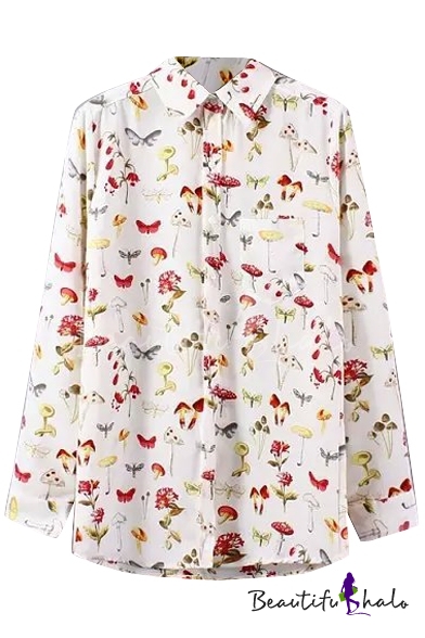 Mushroom Print Lapel Long Sleeve Pocket Shirt - Beautifulhalo.com
