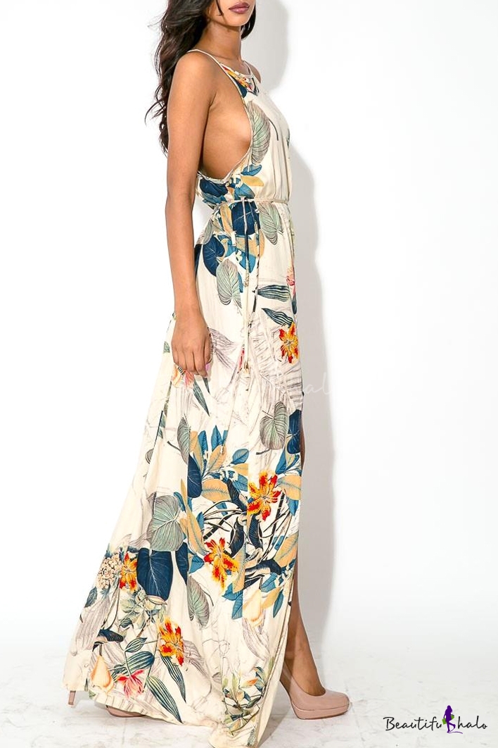 Floral Print Round Neck Sleeveless Side Split Maxi Dress