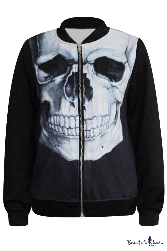 3D Skull Print Black Baseball Jacket - Beautifulhalo.com