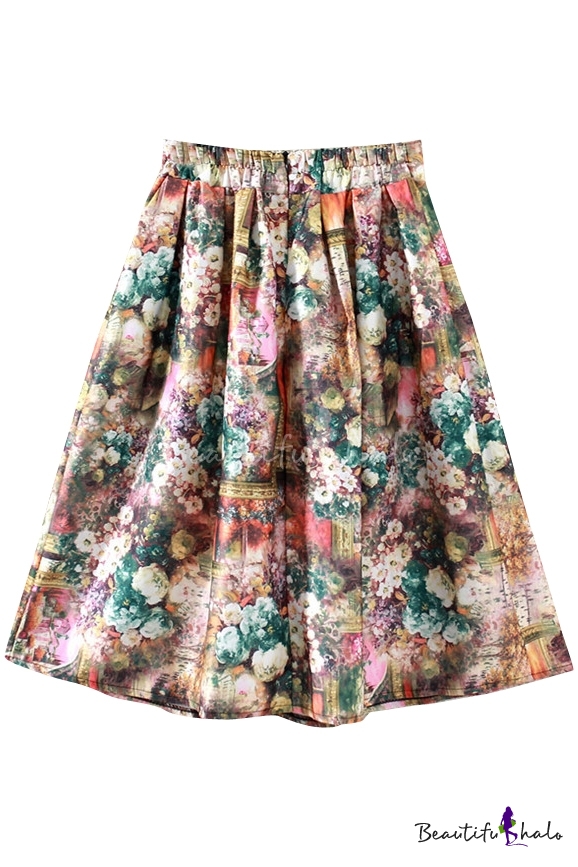 Multi Color Elastic Waist Floral Print Skirt - Beautifulhalo.com