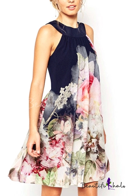 Navy Halter Open Shoulder Sleeveless Floral Dress - Beautifulhalo.com