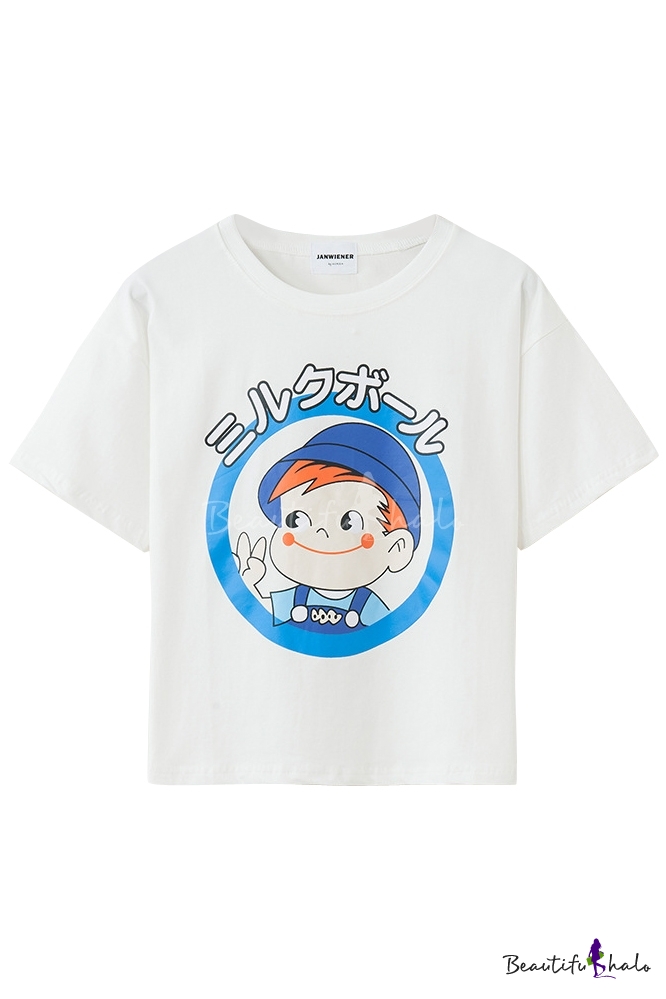 White Lovely Character Print Loose T-Shirt - Beautifulhalo.com
