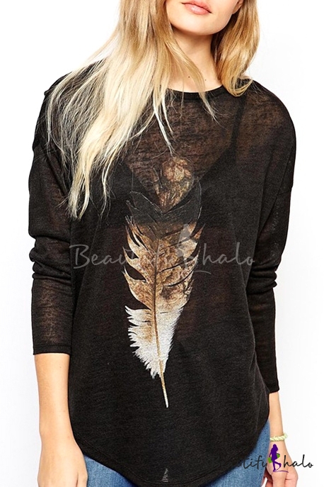 Black Round Neck Long Sleeve Feather Print T-Shirt - Beautifulhalo.com