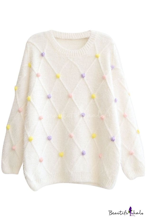 Embellished Colorful Ball Round Neck Long Sleeve Mohair Sweater ...