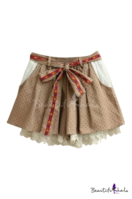 Polka Dot Lace Crochet Elastic Waist Belted Culottes - Beautifulhalo.com
