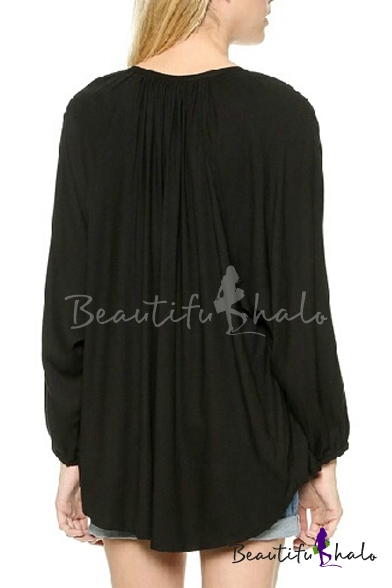 Black V-Neck Long Sleeve Chiffon Blouse - Beautifulhalo.com