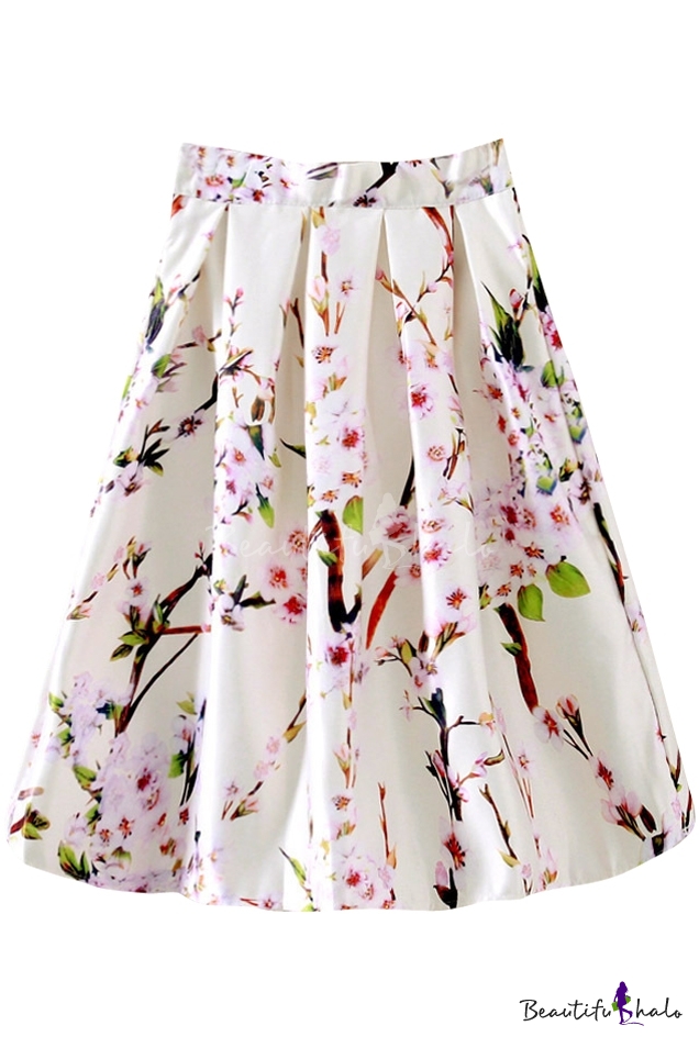White High Waist Floral Print Midi Full Skirt - Beautifulhalo.com