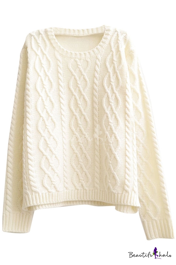 Plain Vintage Diamond Pattern Cable Knitted Round Neck Sweater ...