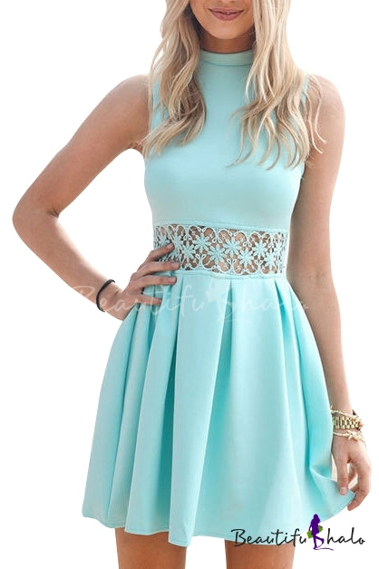 Turquoise High Neck Sleeveless A-Line Dress with Lace Inserted Waist ...