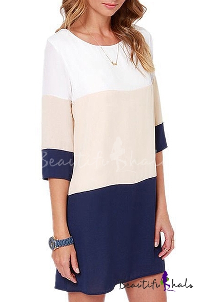 Navy Color Block 3/4 Sleeve Office Lady Style Dress - Beautifulhalo.com