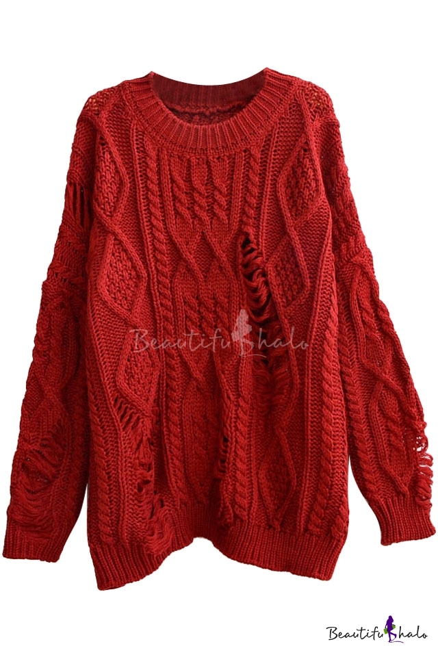 Vintage Ripped Plain Round Neck Cable Knitted Loose Sweater ...