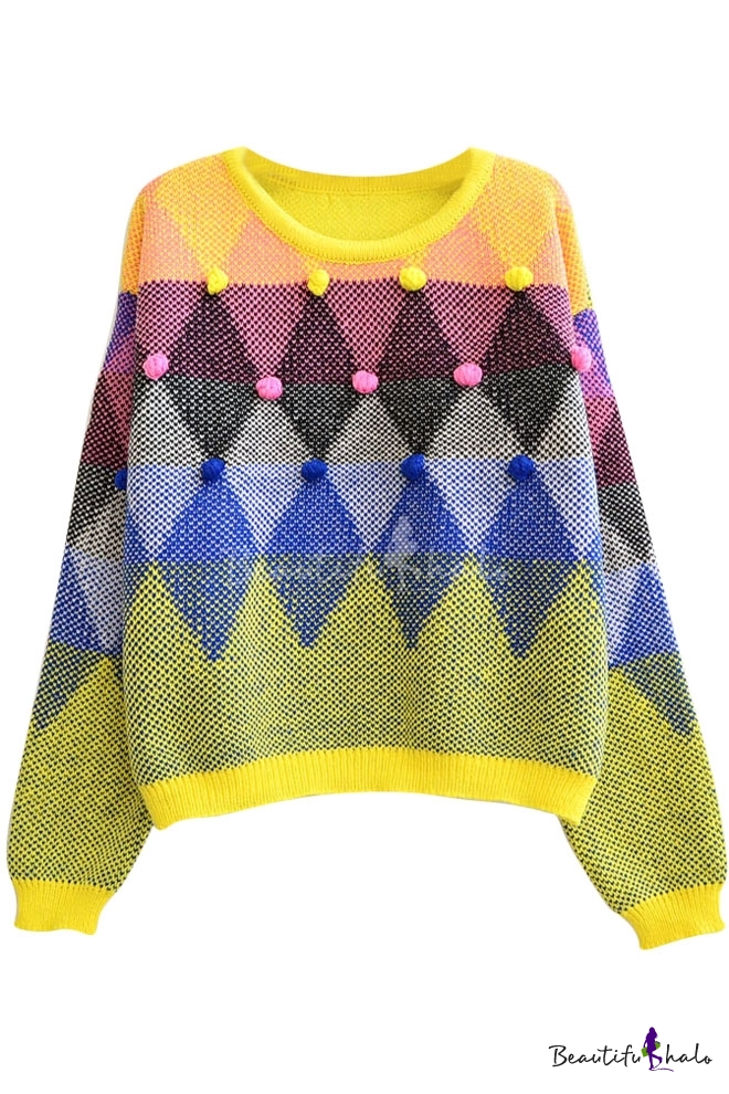 Geometrical Diamond Pattern Sweater Embellished with Hand Made Ball