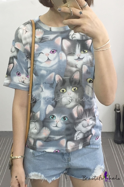Lovely Cat Print Short Sleeve T-Shirt - Beautifulhalo.com