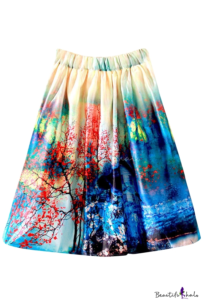 Landscape Print High Waist Mini Full Skirt - Beautifulhalo.com