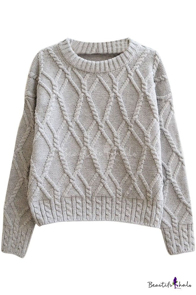 Plain Geometrical Pattern Cable Knitted Thick Crop Sweater ...