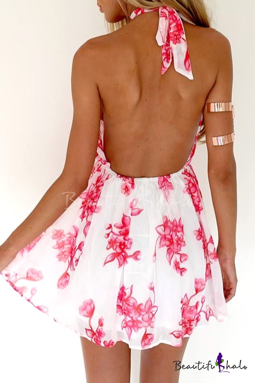 Pink Floral Print Halter Open Back Layer Mini Dress - Beautifulhalo.com