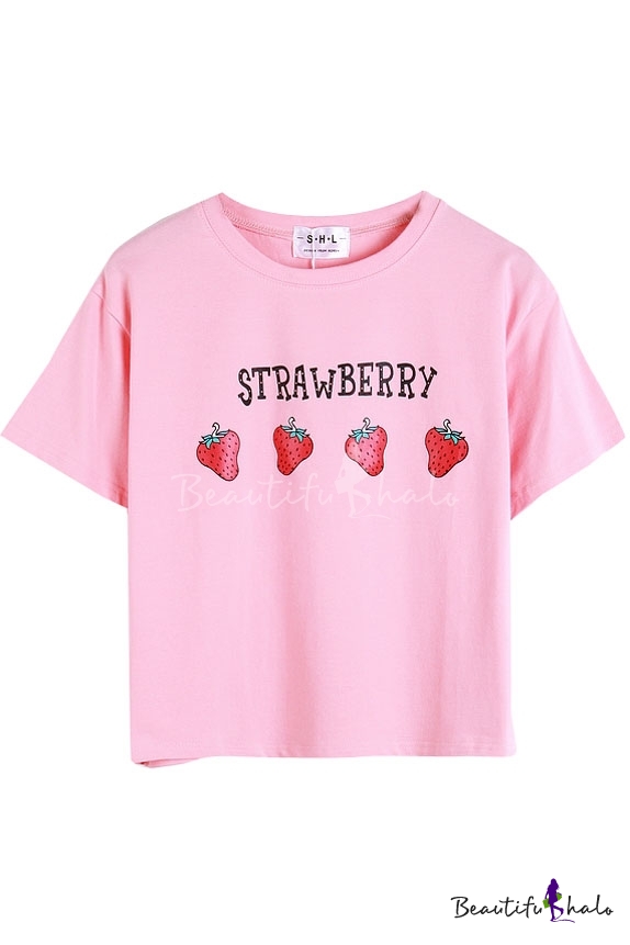 Strawberry Print Short Sleeve Fitted T-Shirt - Beautifulhalo.com