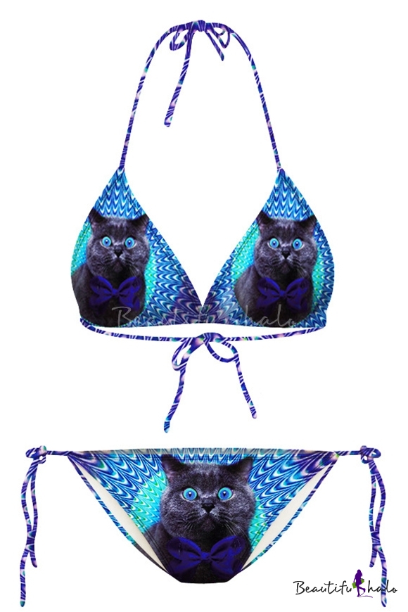 Psychedelic Cat Print Halter Bikini Set - Beautifulhalo.com