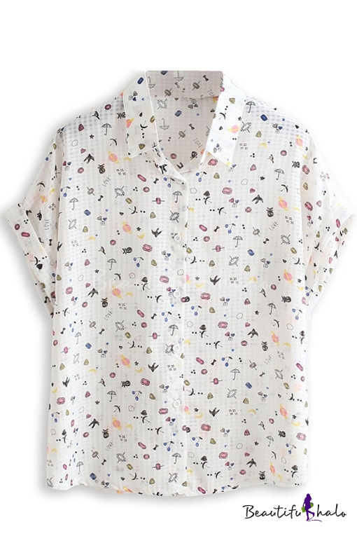 Umbrella Print Short Sleeve Chiffon Shirt - Beautifulhalo.com