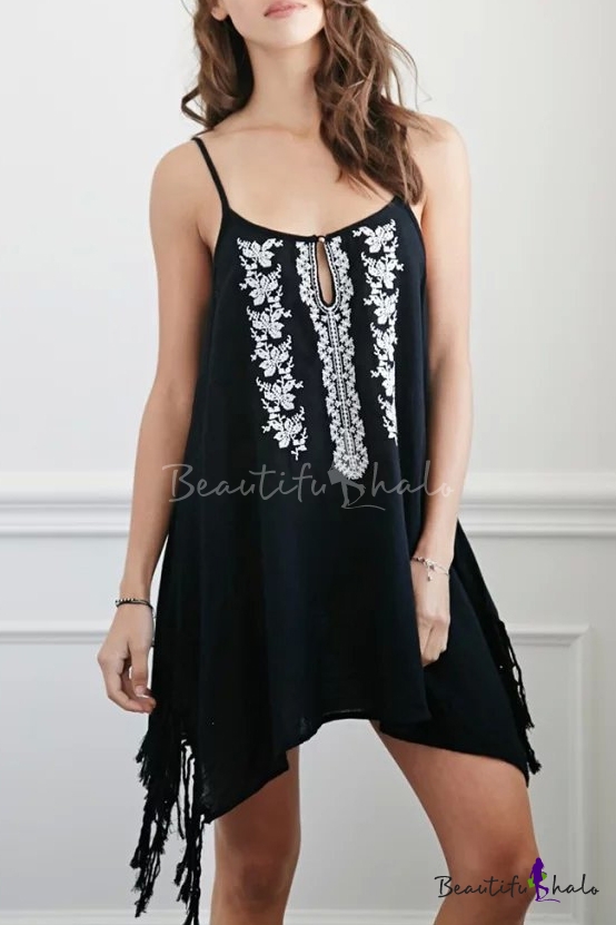 Embroidered Floral Tassel Tunic Spaghetti Strap Dress - Beautifulhalo.com