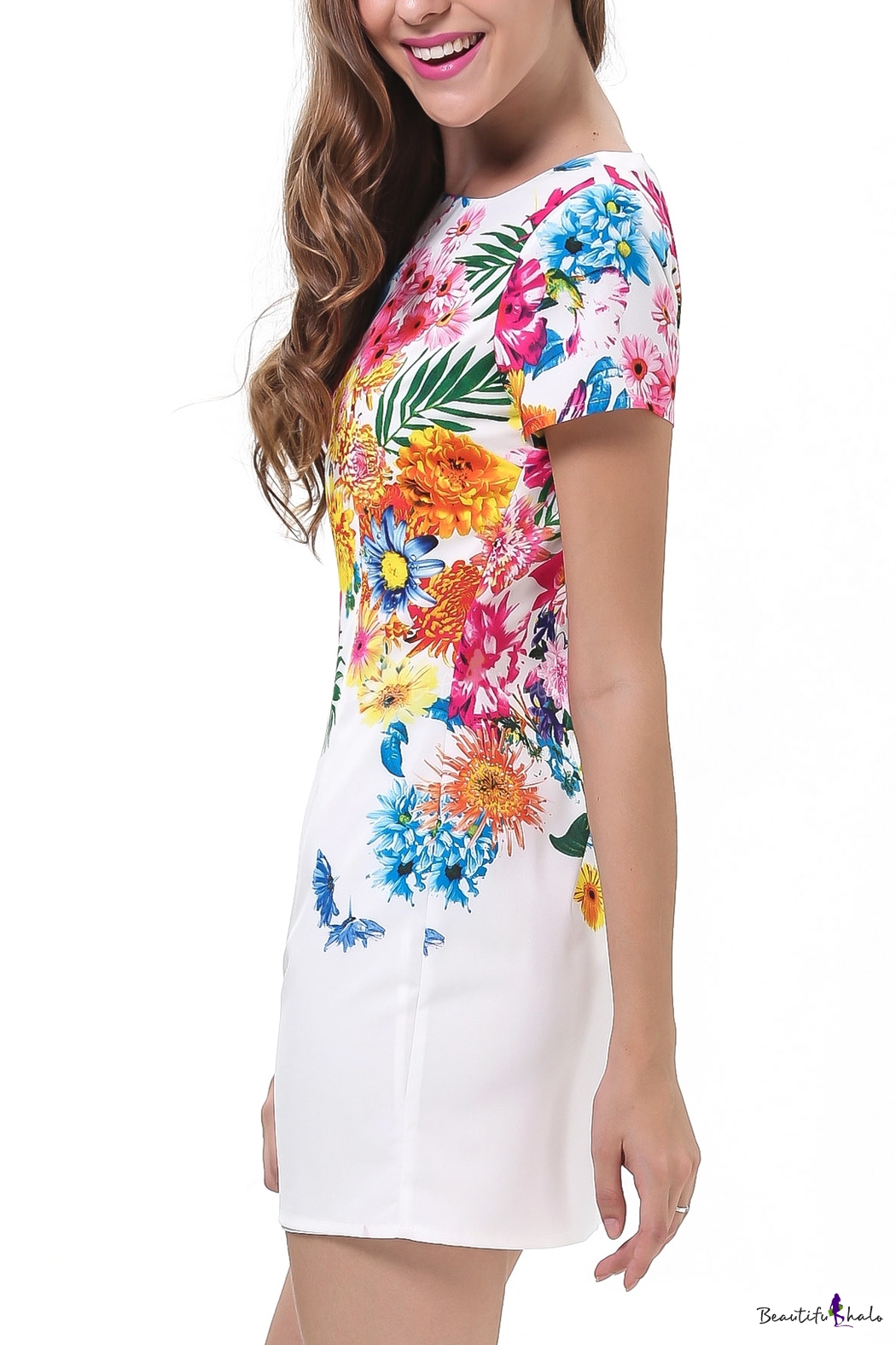 White Flower Print Short Sleeve Fitted Dress - Beautifulhalo.com