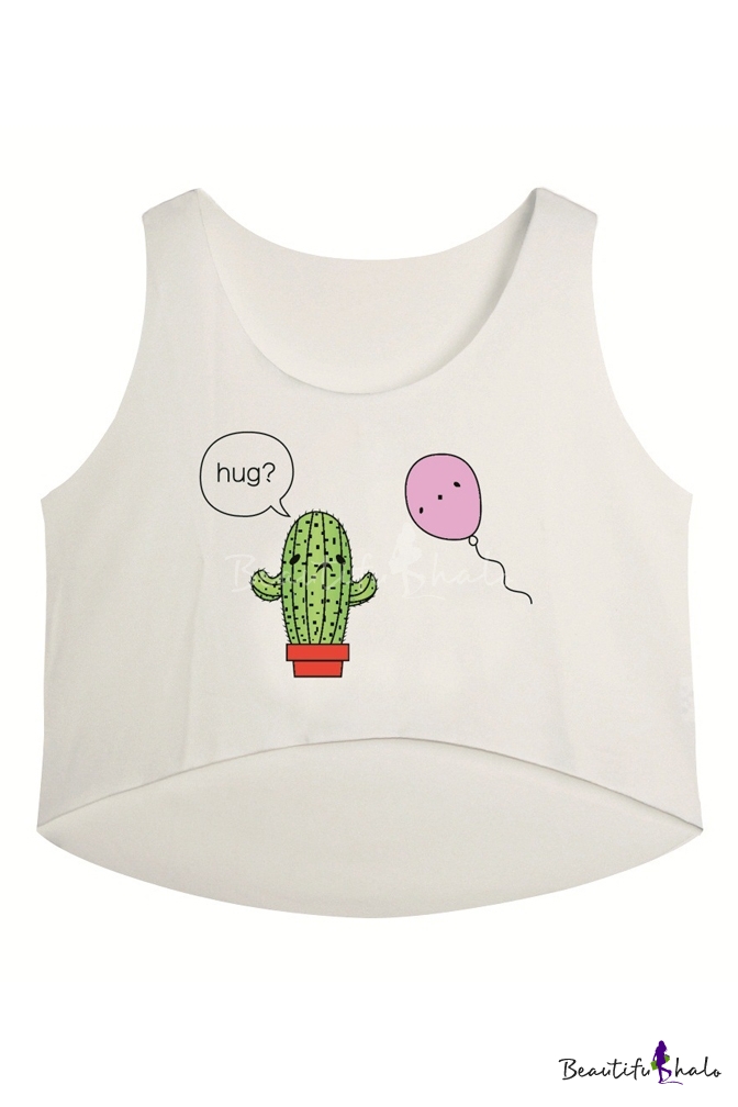 White Scoop Neck Cartoon Print Scoop Neck Crop Tank - Beautifulhalo.com