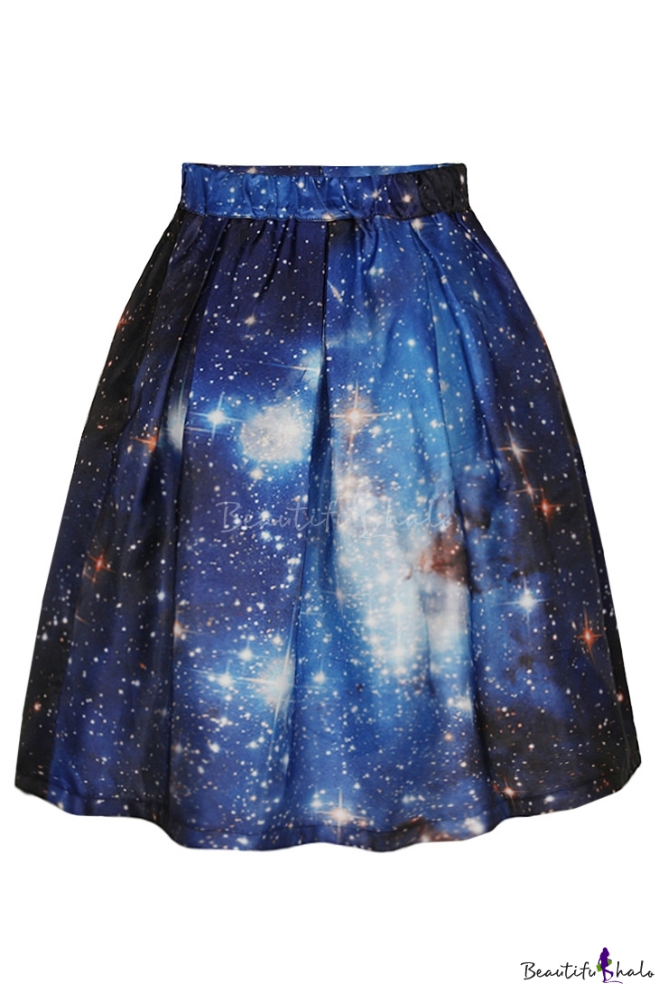 Blue Galaxy Print Flare A-line Skirt - Beautifulhalo.com