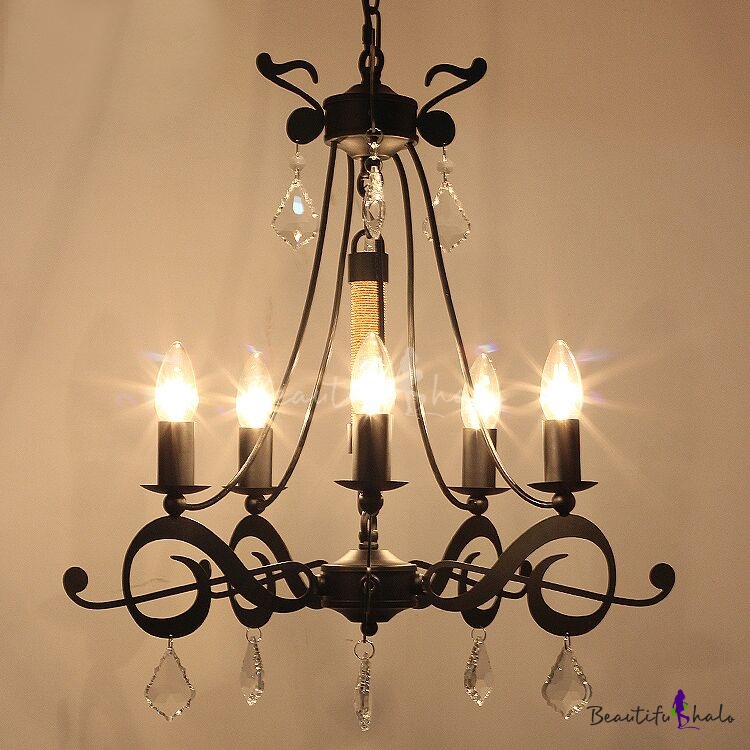 Retro Wrought Iron Crystal Accented Black Chandelier - Beautifulhalo.com