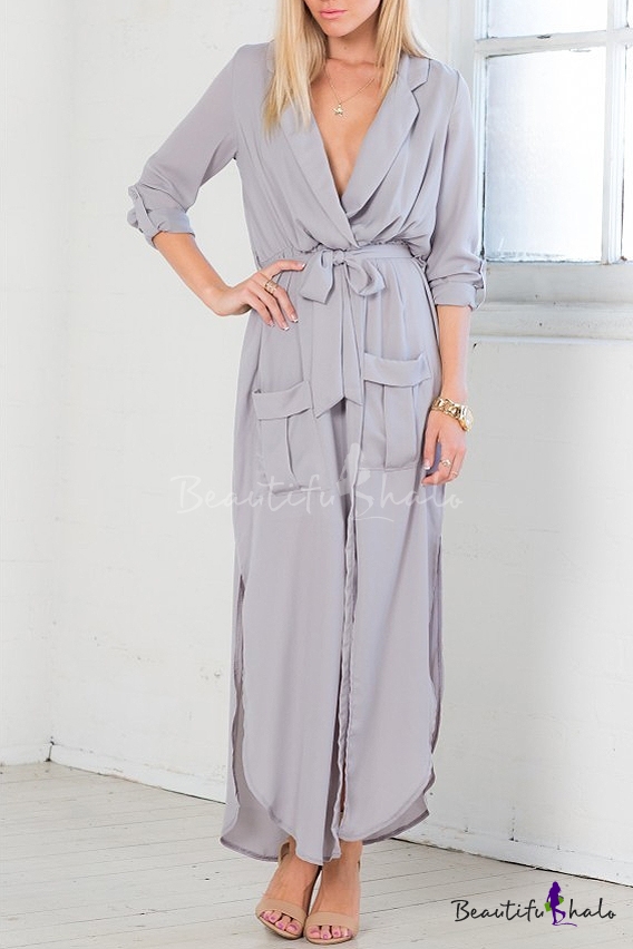 Gray Long Sleeve Notched Lapel Belted Maxi Dress 5558