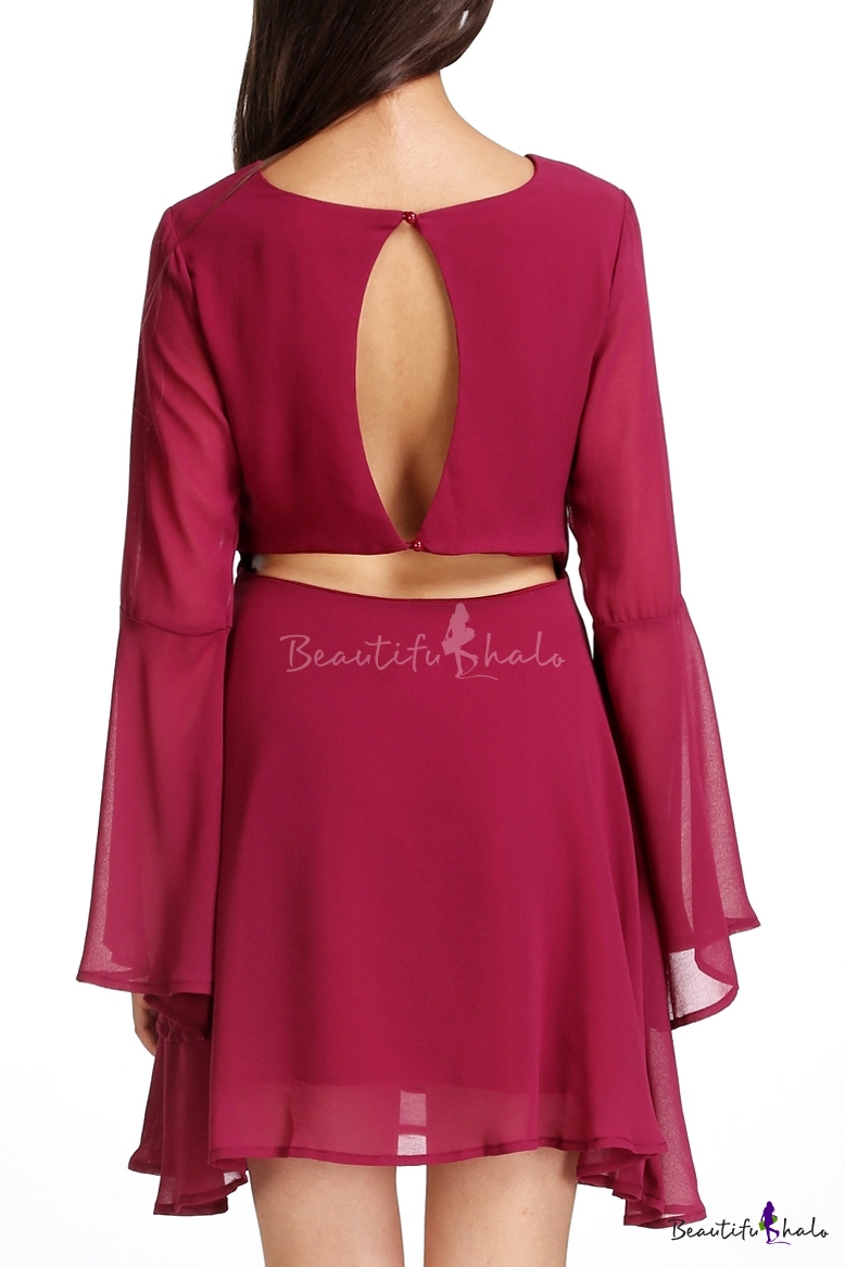 Plain V-Neck Flare Long Sleeve Cutout Back Dress - Beautifulhalo.com