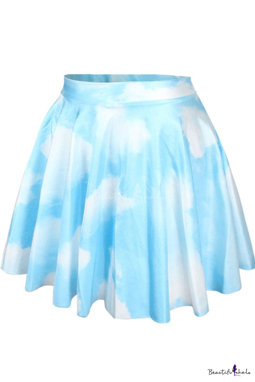 Blue Sky Print Skater Skirt - Beautifulhalo.com