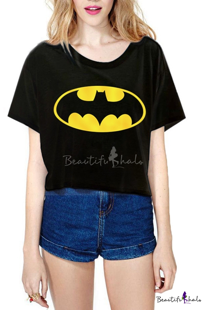 Black Cartoon Character Animal Print Crop T-Shirt - Beautifulhalo.com