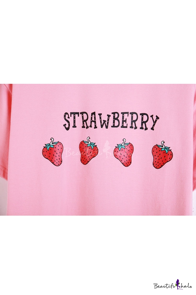 Strawberry Print Short Sleeve Fitted T-Shirt - Beautifulhalo.com