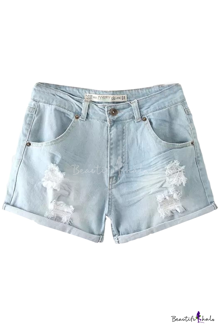 High Rise Button Ripped Wash Denim Shorts - Beautifulhalo.com