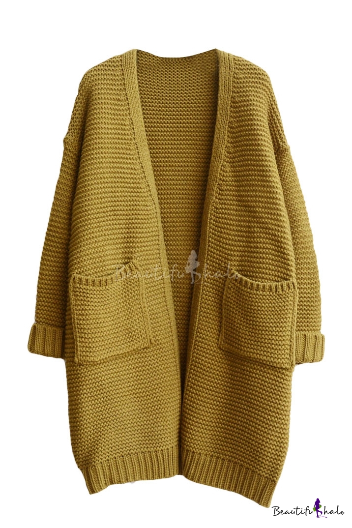 Long Sleeve Open Front Double Pocket Tunic Cardigan - Beautifulhalo.com