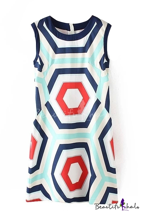 round neck abstract print geometric printed striped skater dress