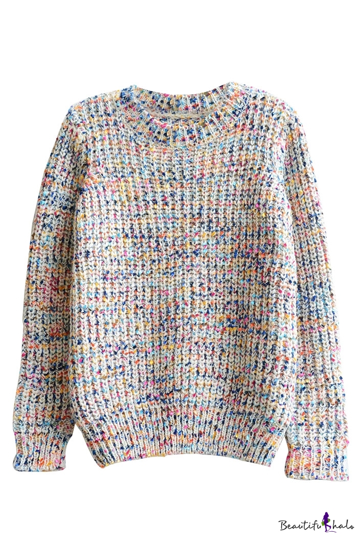 Long Sleeve Multi Color Dot Round Neck Sweater - Beautifulhalo.com