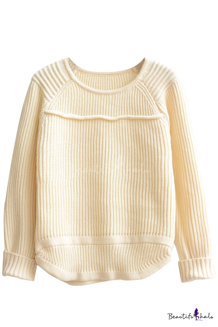 Plain Raglan Sleeve Round Neck Laid Back Sweater - Beautifulhalo.com