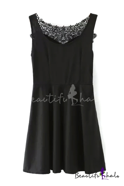 Black Sleeveless Lace Panel Ruffle Hem Dress - Beautifulhalo.com