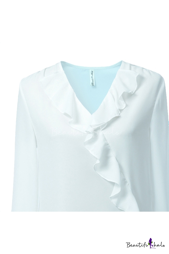 White V-Neck Ruffle Hem Long Sleeve Shirt - Beautifulhalo.com